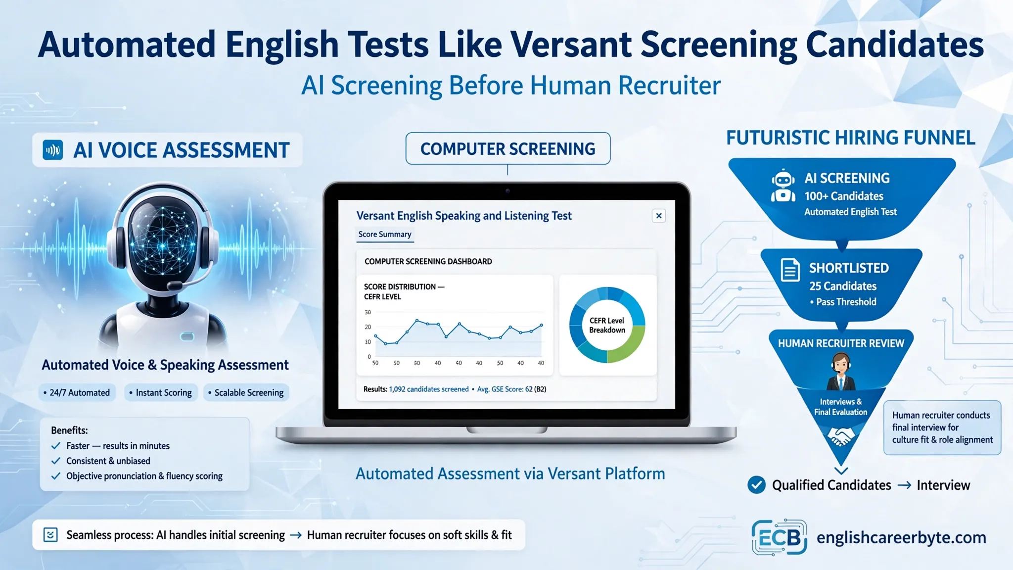 Job candidate taking an automated English speaking test on a laptop as part of BPO call center hiring